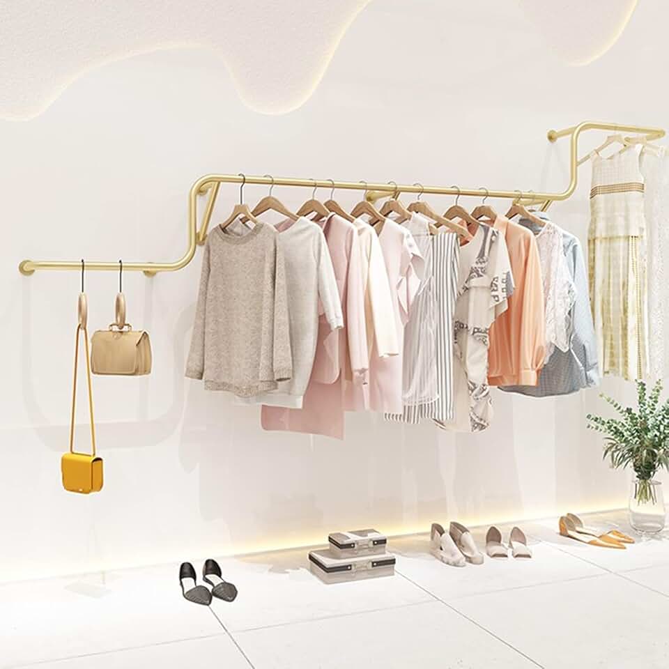 Clothing Store Display Stands Retail Gold Garment Rack,Modern Simple Wall Mounted Clothing Hanging Shelves System,Multi-purpose Hanging Rod Metal Pipe Clothes Rack,Closet Storage Clothes Org