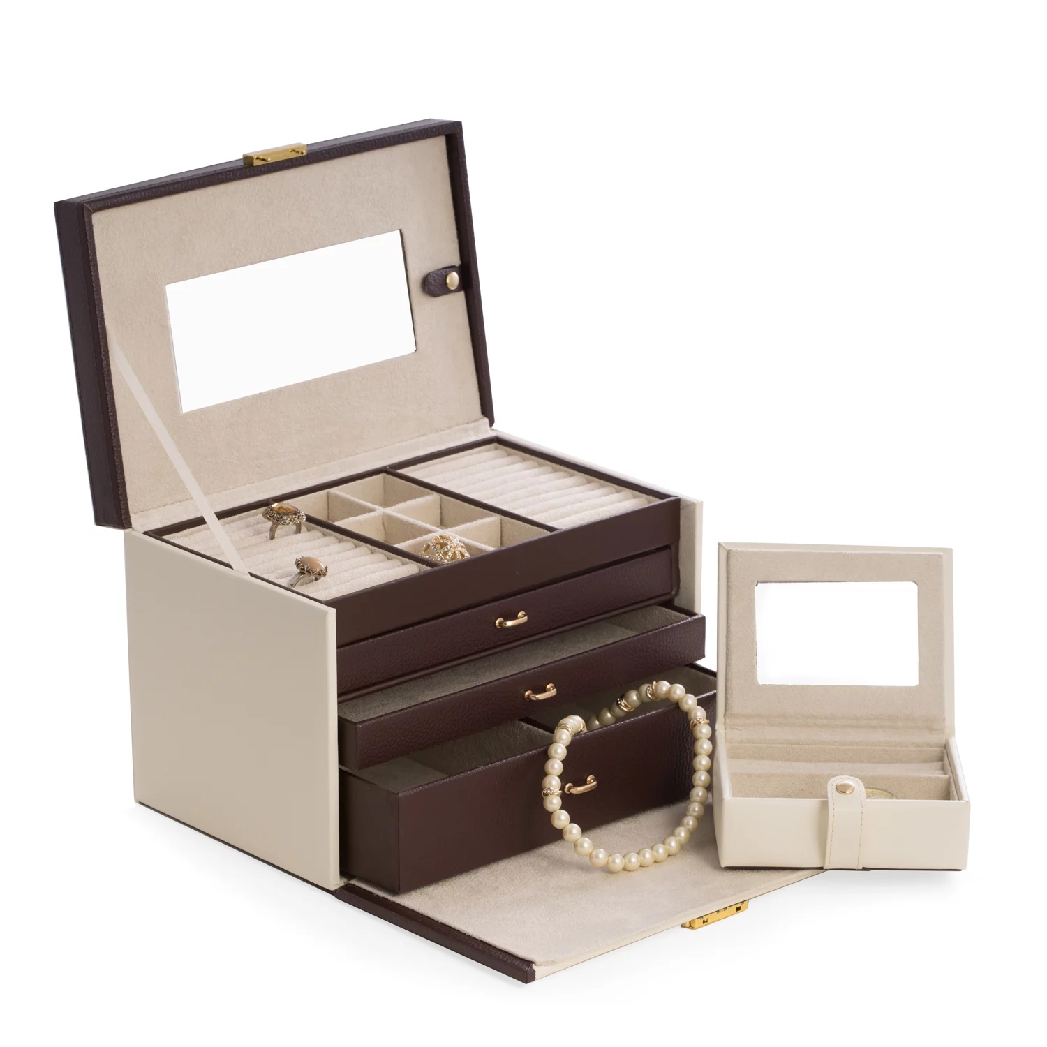 Ivory & Brown Leather 4 Level Jewelry Box with 3 Drawers, Mirror, Secret Compartment Behind Mirror, Removable Travel Case and Locking Clasp.