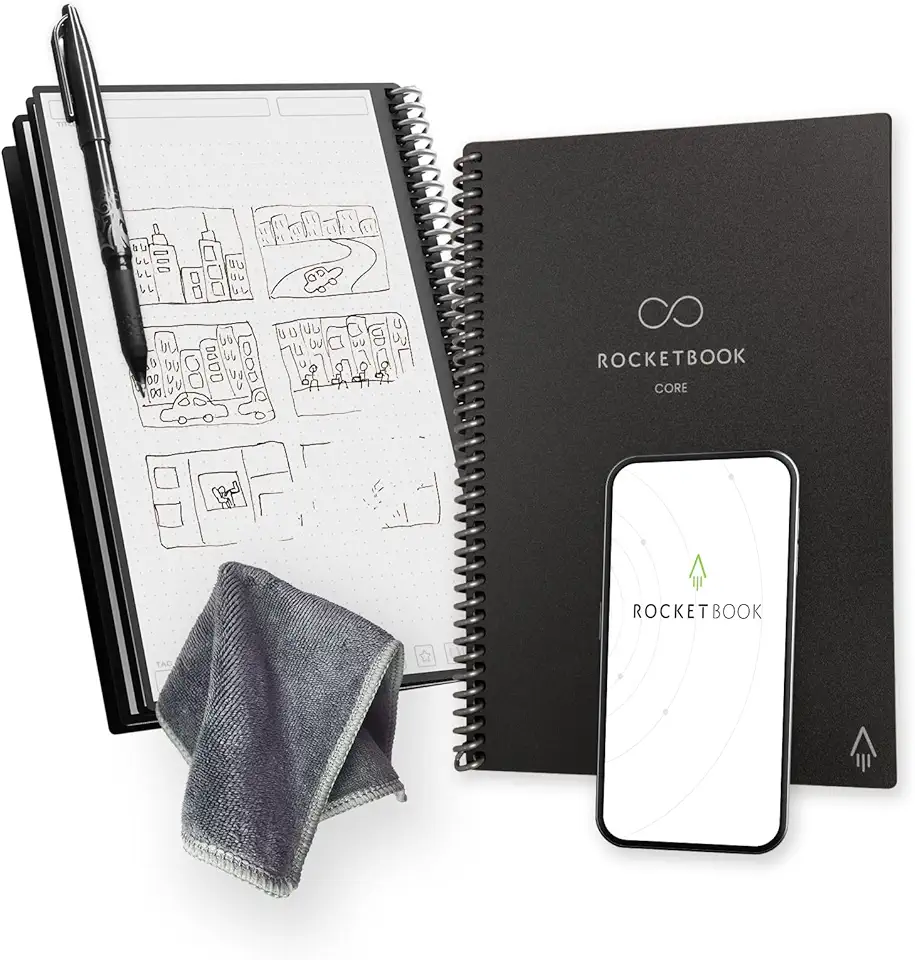 Rocketbook Core Reusable Spiral Notebook, Executive Size 6x8.8, Black - Dotted Pages, App-Connected, Erasable, Durable Cover, Ideal for School, Work, and Creative Projects (Pack of 50)