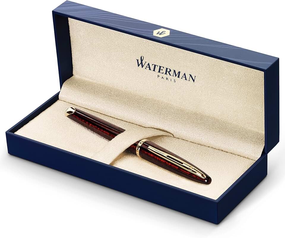 Waterman Carène Marine Amber Fountain Pen, Gloss Brown & Black with 23k Gold Clip, Fine Nib with Blue Ink Cartridge, Gift Box