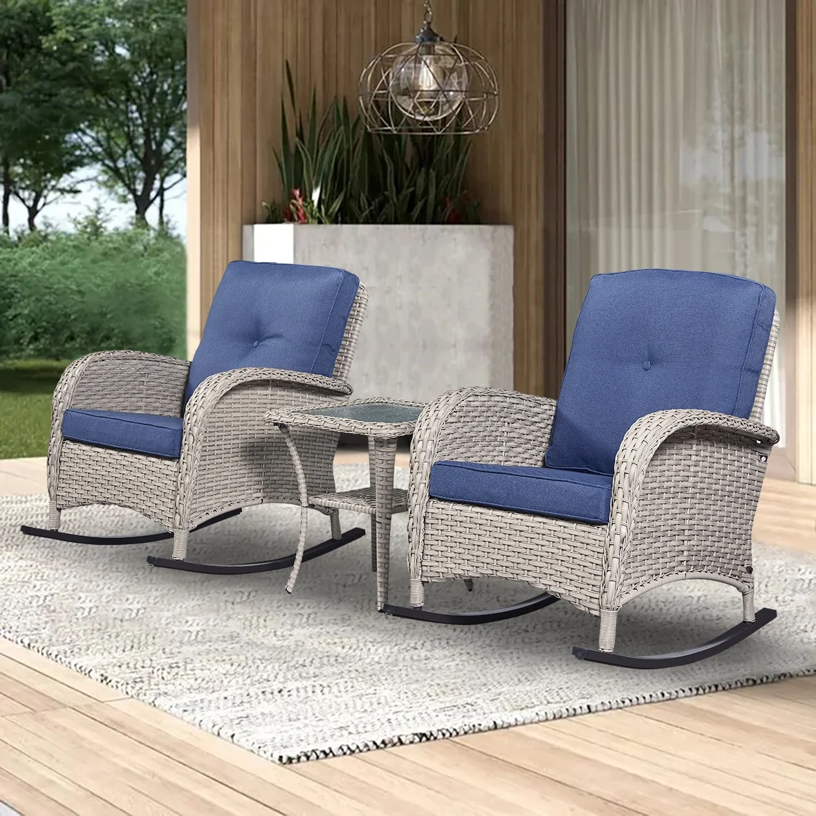 PARKWELL 3-Piece Wicker Rocking Chair with Side Table and Cushions - Outdoor Patio Bistro Set - Gray Wicker, Blue Cushions