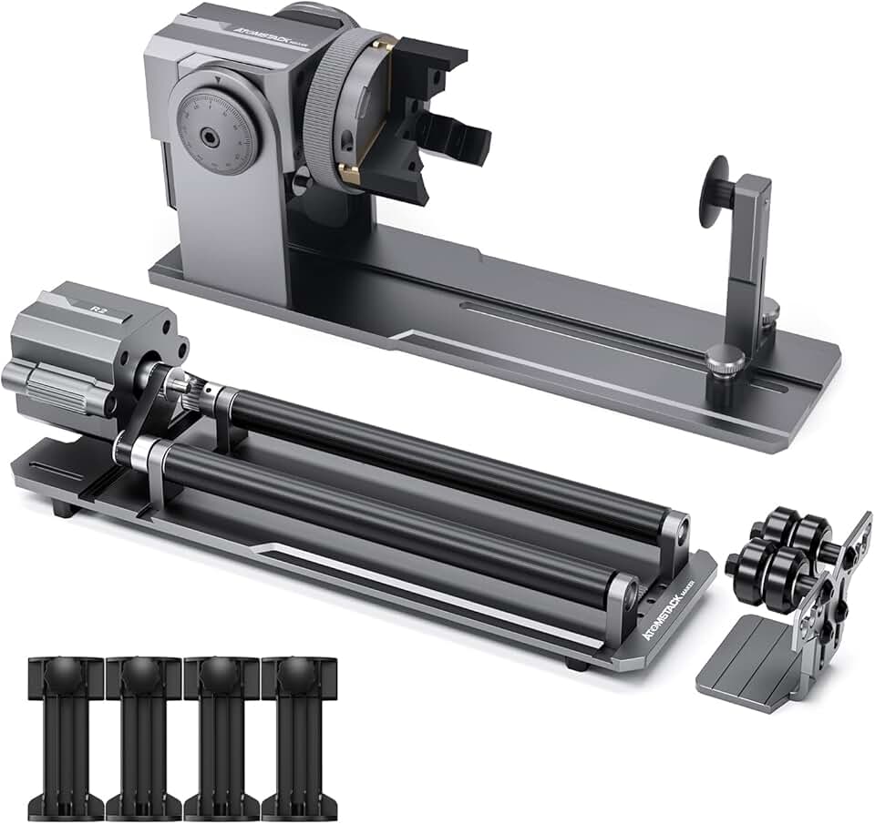 ATOMSTACK R1 Pro Laser Rolle Rotary- 4 in 1 Laser Rotary with Risers, Multi-Function Engraving Module for Laser Engraver, Jaw Chuck Rotary for Engraving Cylindrical Objects,Wine Glass, Tumbler, Ring