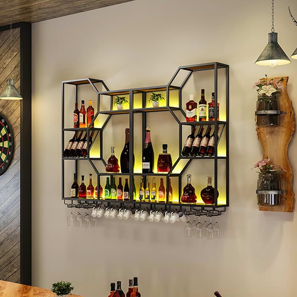 Modern Bar Shelves Metal Wine Rack Wall Mounted with LED Light with Wine Glass Holder, with Glass Holder, Multi Functional Bar Shelves for Liquor Bottles for Home Bar & Dining Room(Black)