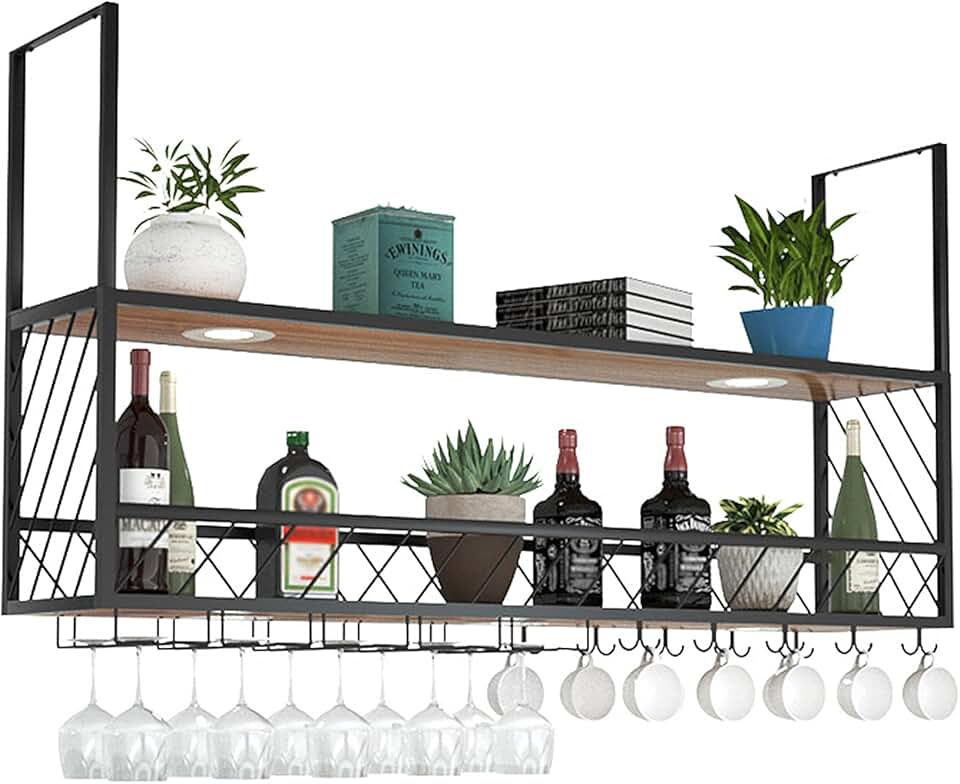 Hanging Wine Rack with 4Lights, Metal Ceiling Bar Wine Glass Rack, 2-Layer Industrial Wall Mounted Wine Storage Rack, Bottle Holder Wall Wine Shelf (Black)