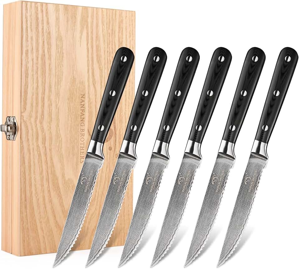 Damascus Steak Knife Set of 6 with Case, 5 Inch Serrated Steak Knife, 67 Layers Steel Blades Hand-sharpened to 15°, Non-slip G10 Ergonomic Triple Rivet Handle for New Year Gift, Natural Wooden Box