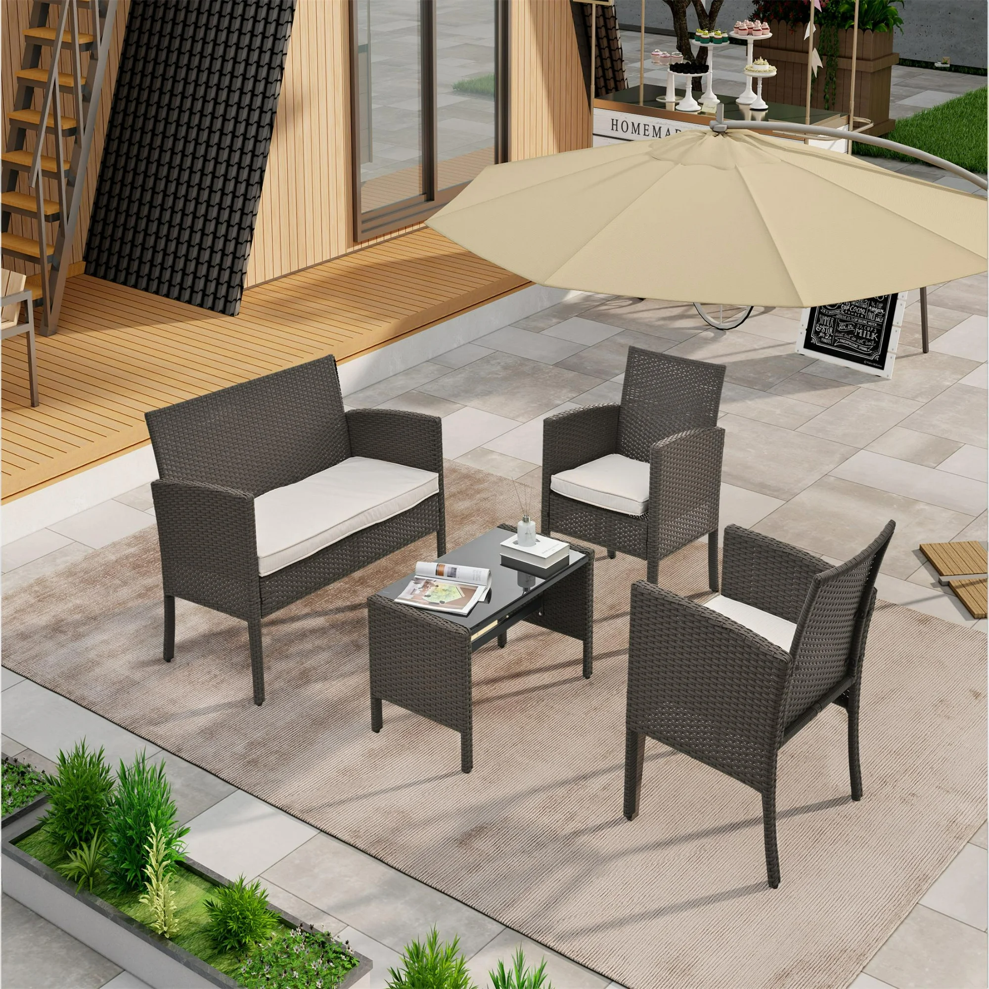 Outdoor Patio Furniture Set 4 Piece, Wicker Patio Furniture Sets with Cushions, Outside Patio Conversation Sets with Adjustable Feet, Patio Dining Bistro Sets for Backyard Garden Porch, Brown
