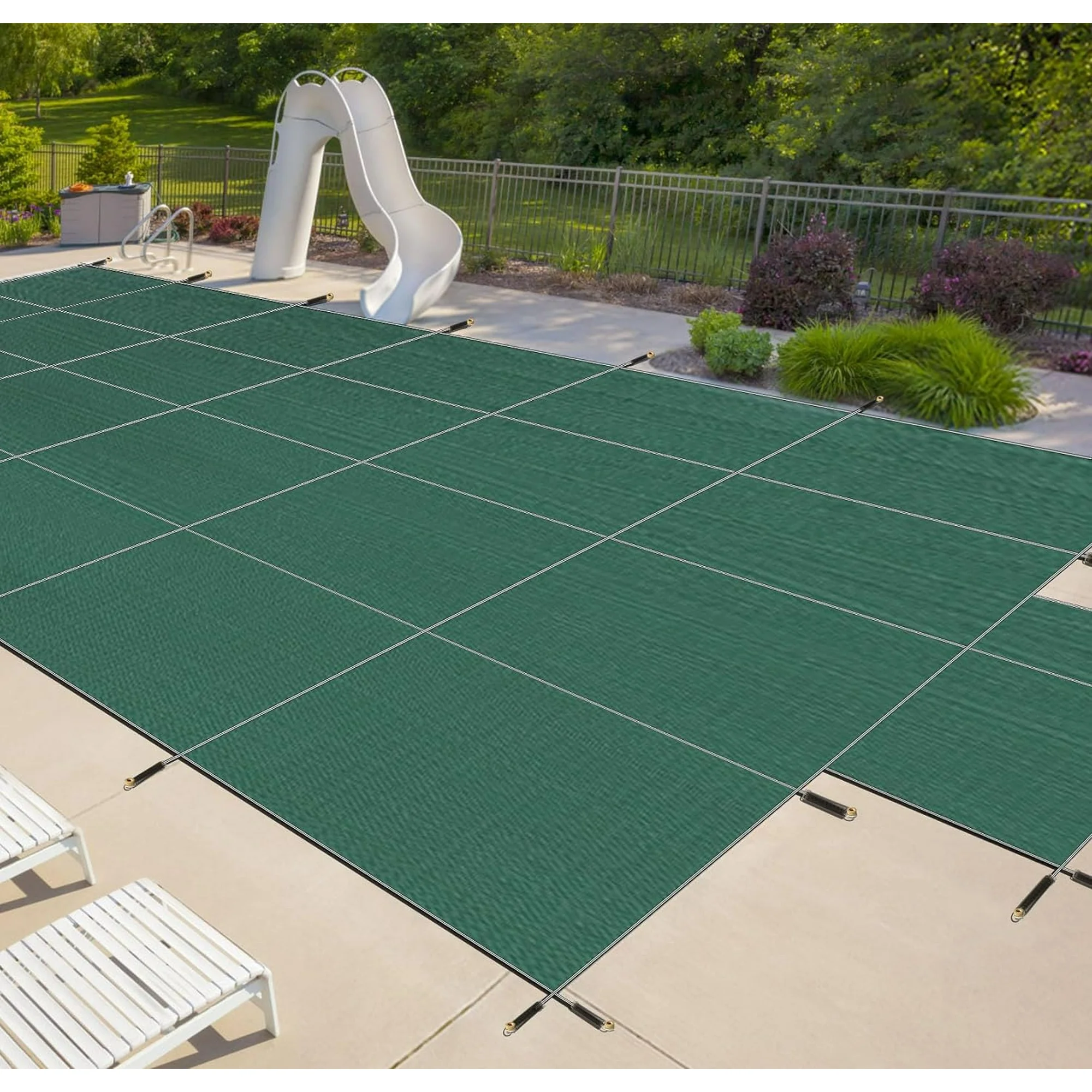iCover Pool Safety Cover, Fits 18x36ft Rectangle Inground Swimming Pool with 4x8ft Center End Steps, Heavy Duty Mesh High Strength Pool Cover, Green