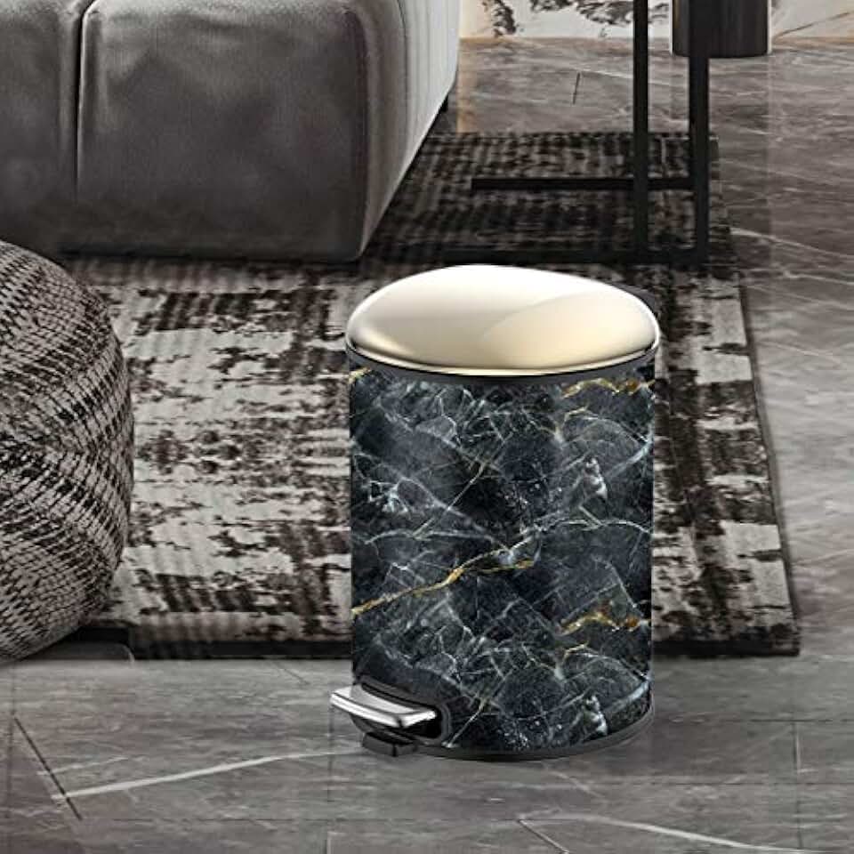 8L Black White Bedroom Marble Trash Can Kitchen Cute Bathroom Bucket Garbage Bin(D)