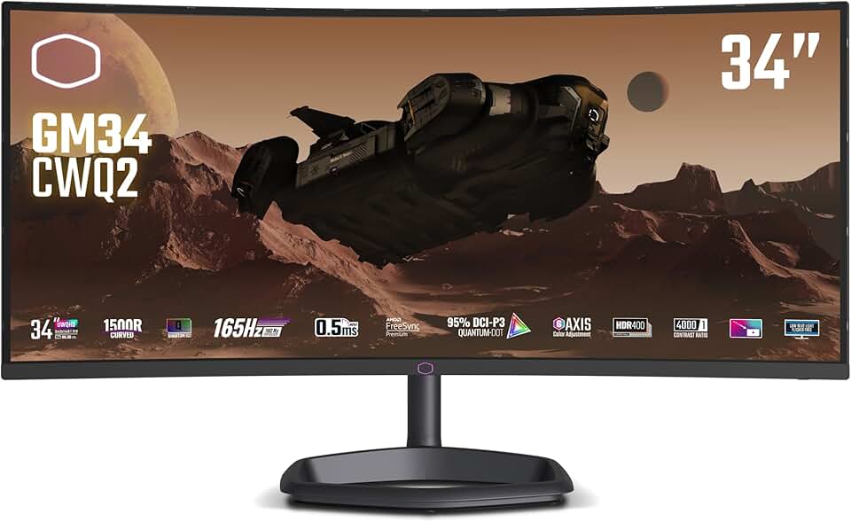 Cooler Master GM34-CWQ2 34” Curved 165Hz|180Hz (OC) VA Quantum Dot UWQHD 3440 x 1440 PC Monitor, 2ms (GtG)|0.5ms (MPRT), Curve 1500R, FreeSync Premium, DP1.4 * 1, HDMI2.0 * 2, USB C*1