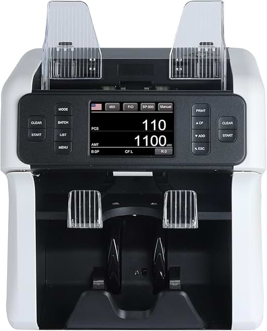 NUCOUN VS-75 Bill Counter Machine Mixed Denomination,Money Counter Machine with Reject Pocket,Counterfeit Detection 2 CIS/UV/MG/IR,Multi Currency Bill Sorter,Value Count,Serial Number Read,Print&Sort