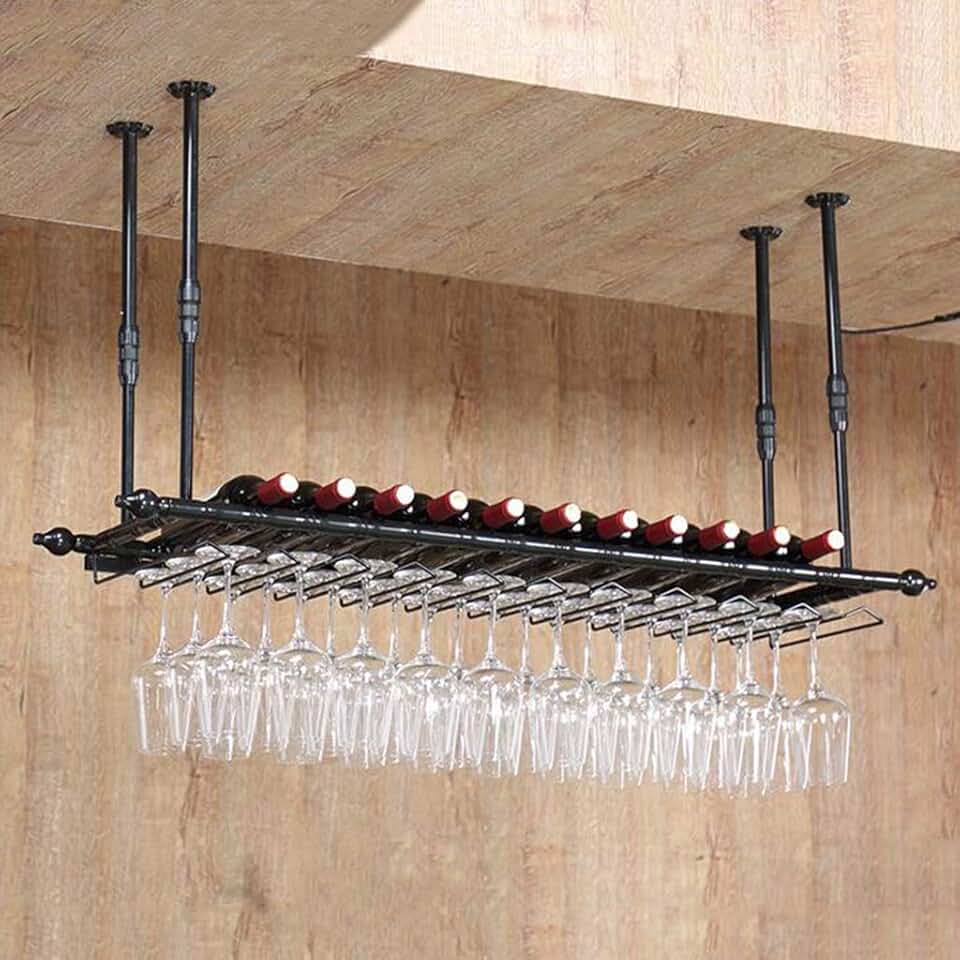 Wine Racks Upside Down Hanging Adjustable Industrial Large Metal Floating Shelves Drink Wine Dispenser Holds Any Type of Stemware Glassware Wine Glasses and Flutes Sand