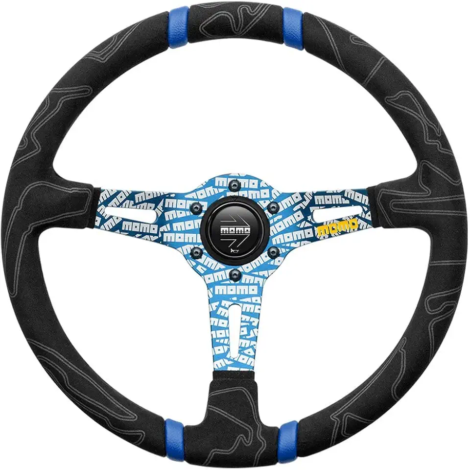 Ultra Street Steering Wheel, Black Alcantara Grip Blue Anodized w/Logo, Blue Double Center Stripes, 350mm
