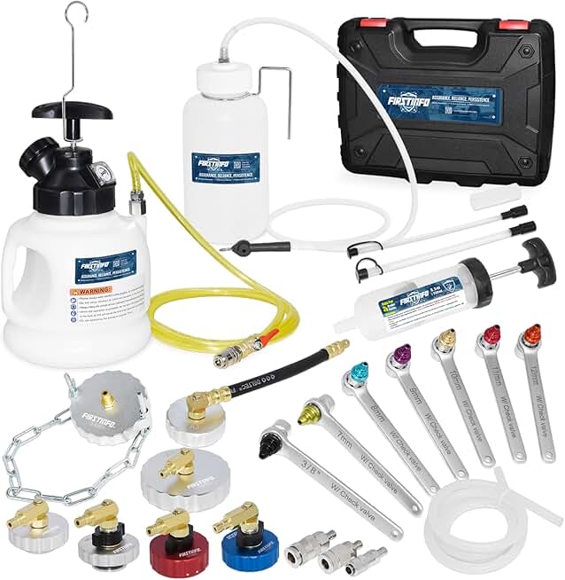 FIRSTINFO Patented Manual Pressure Brake Fluid Bleeder w/7 Pcs Metal Master Cylinder Reservoir Adapters + Brake Wrench Set, Receiver Bottle, Extractor Pump, 3 Types of Couplers