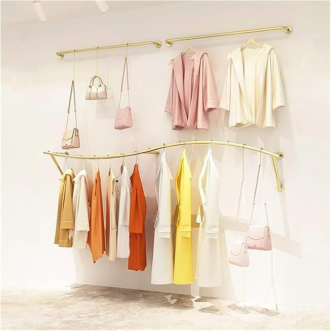 Golden 3-piece set Industrial Pipe Wall-mounted S-shaped Clothing Rack, Heavy Duty Clothes Rack Creative Display Garment Rack in Boutique Clothing Stores,Hanging Clothes Rack ( Color : Gold , Size : 1