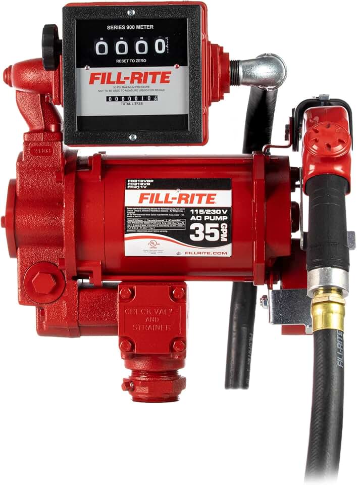 Fill-Rite FR311VLB 115V/230V 35 GPM Fuel Transfer Pump with Discharge Hose, Automatic Nozzle & Mechanical Liter Meter - Gasoline, Diesel, Kerosene, Ethanol & Methanol Blends & Biodiesel up to B20