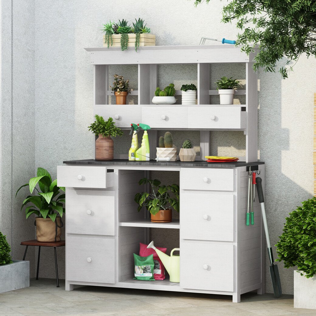 Outdoor Potting Table with Multiple Drawers, Garden Storage Cabinet with Open Shelves, Solid Wood Patio Workstation with Side Hooks, White+Gray