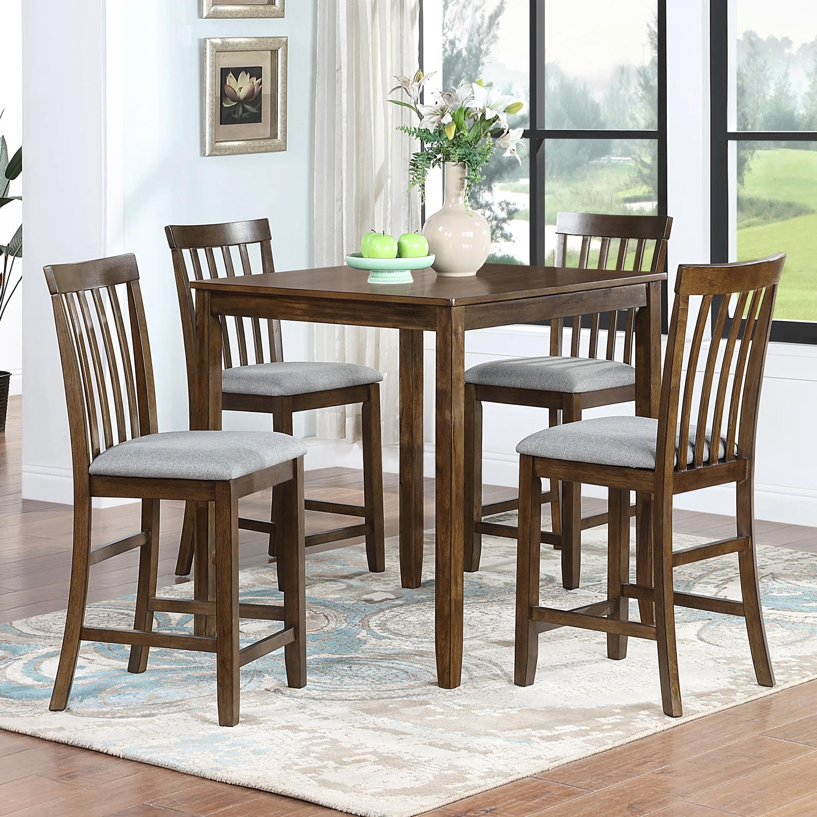 PAPROOS Dining Table Set for 4, 5 Piece Counter Height Kitchen Table Set with Square Table and 4 Upholstered Chairs, Dining Room Wooden Dinette Set for Small Space, Brown