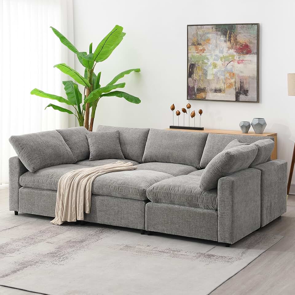 Oversized U-Shaped Modular Sectional Sofa Full Foam Cushions Deep Seat Reversible Chaises Cloud Couch Living Room Convertible Sleeper Chenille Upholstered Sofabed with Movable Ottomans