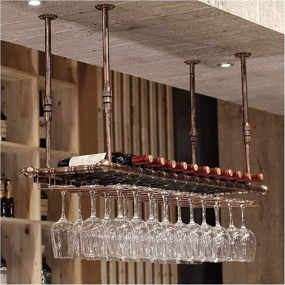 Wine Bottle Holder Hanging Wine Rack with Glass Holder and Shelf, Metal Wine Glass Racks Shelf Wine Glass Holder Wine Rack Champagne Glass Rack Glassware Rack Ceiling Wine Holder