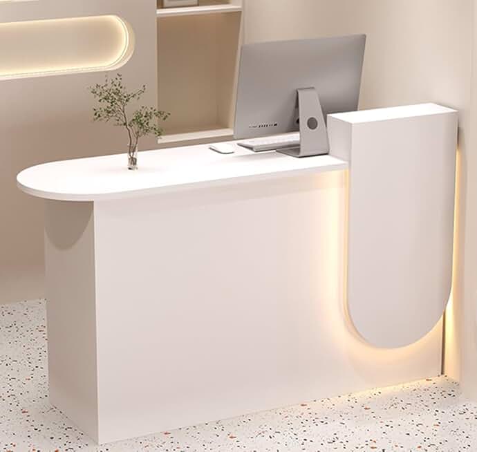 Reception Desk with Counter and LED Lights, Retail Checkout Counter with Lockable Drawers, Simple Cashier Desk for Beauty Salon, Supermarket, Convenience Store,Clothing Store, Milk Tea Shop(White 1)