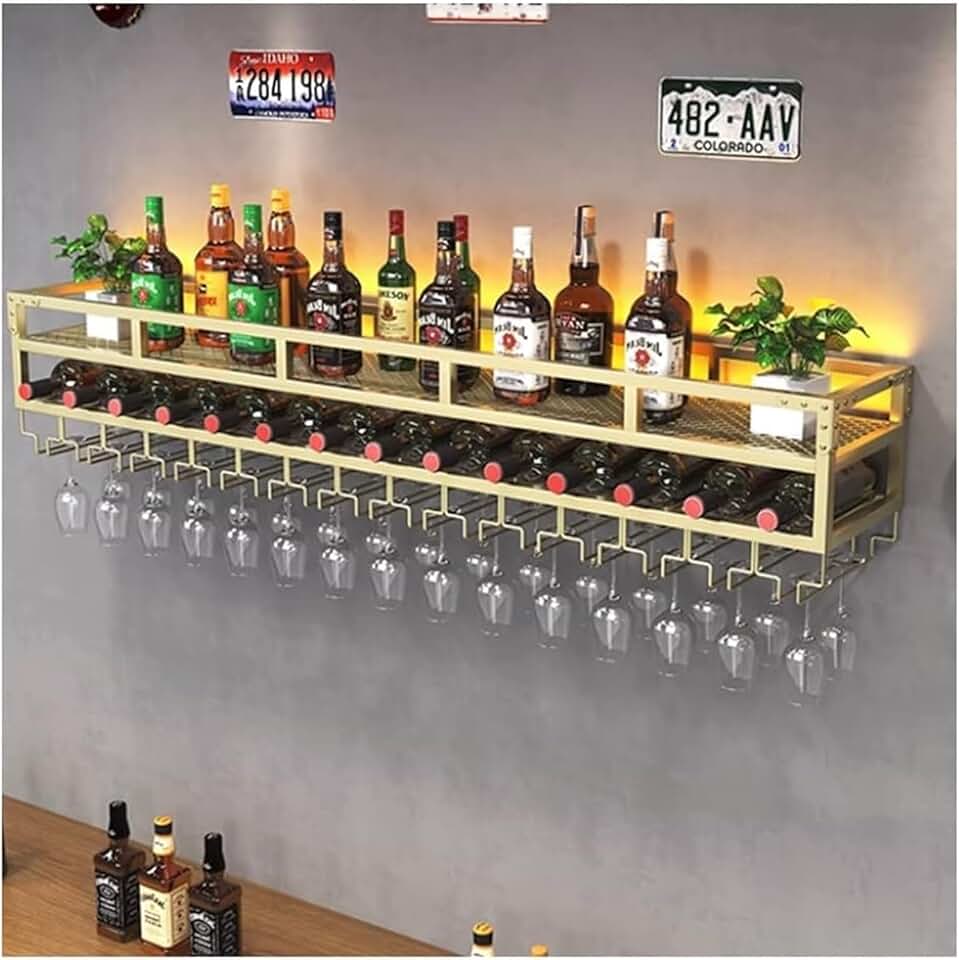 Bar Unit Floating Shelves, 2-Layer Industrial Style Wall Mounted Wine Rack Inverted Wine Glass Rack with LED Light for Home Bar Dining Room Decor All-Round Anti-Fall Guardrail