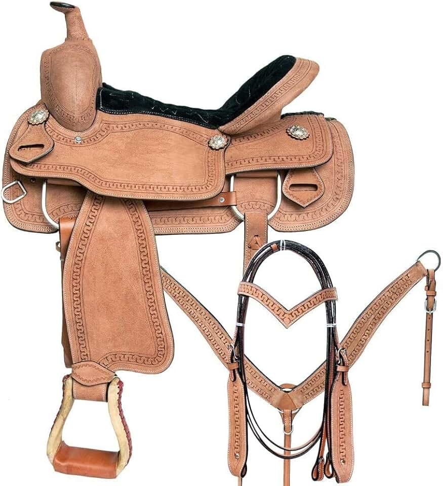 Western Pleasure Barrel Trail Horse Tack Saddle Leather Barrel Set Horse Leather Saddle by ADEEFA Enterprises.