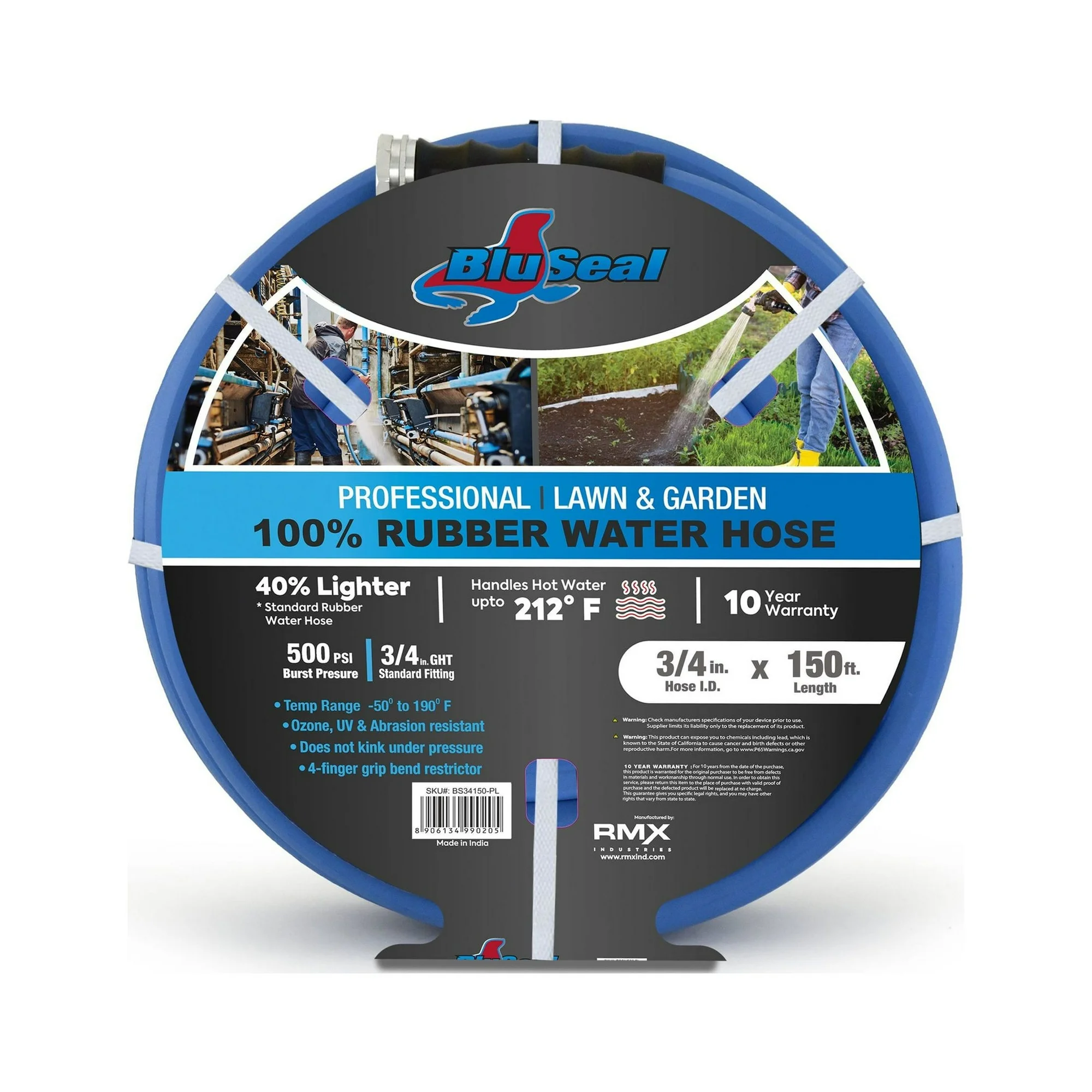 BluSeal Hot/Cold Water Rubber Garden Hose, 100% Rubber, Ultra-Light, Super Strong, 500 PSI, -50F to 190F Degrees, High Strength Polyester Braided (3/4