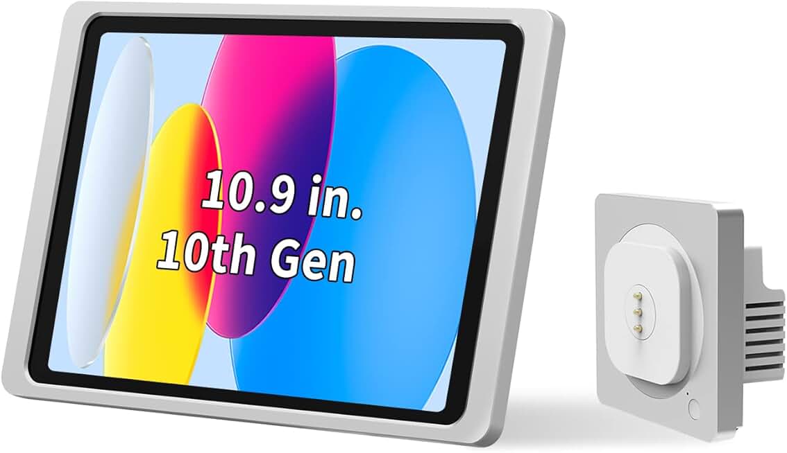 Magnetic Wall Mount with Charging Case for iPad 10.9” 10th Gen (2022). Upgraded 18W Quick Charge, Strong Magnets, 360 Rotation, in-Wall 86x86 Junction Box Included