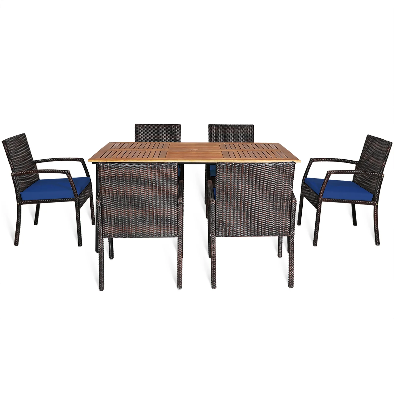 Patiojoy 7- Piece Patio Dining Furniture Set Acacia Wood and Wicker Dining Table Armchairs Navy