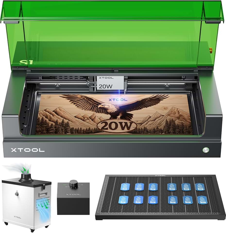 xTool S1 20W(20,000mW) Enclosed Class 1 Engraver and Cutter Includes xTool Smoke Purifier(99.97% Smoke Removal), Smart Air Assist, and Honeycomb Panel, Clean Engraving and Cutting Effect
