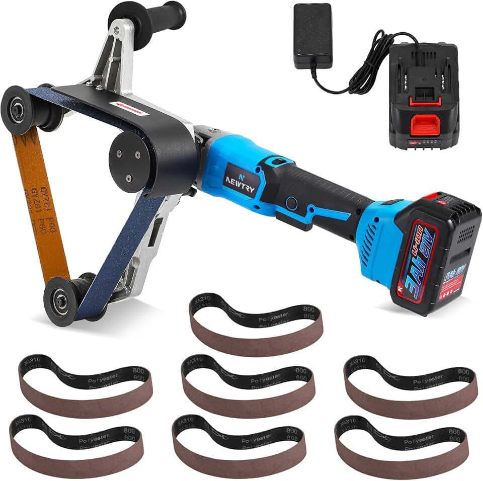 NEWTRY Cordless Pipe Tube Polisher Sander, Stainless Steel Belt Grinding Machine,400W Brushless Motor, 4.2-6.2m/s Adjustable Speed with Spared Rechargeable Battery & 8 PCS Sanding Belts