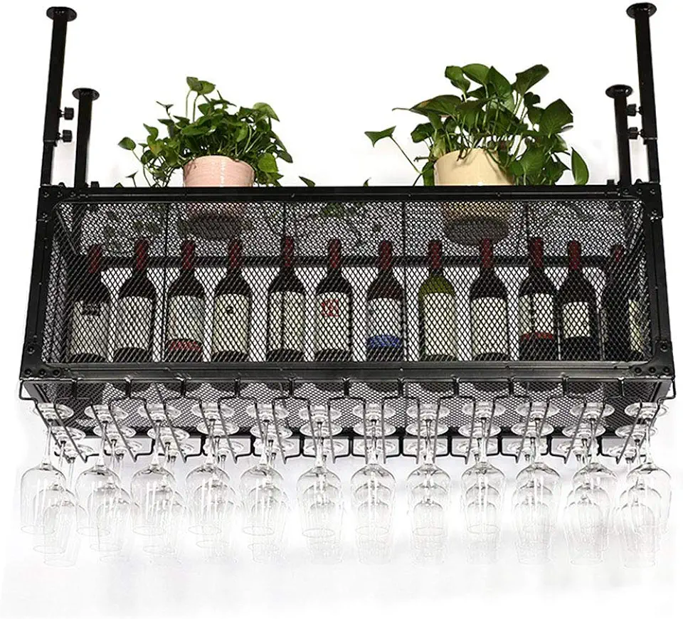 Adjustable Height Glassware Rack Iron Ceiling Wine Holder Upside Down Hanging Tea Coffee Mugs Cups Wine Glasses Storage Drying Holder Rack for Kitchen/Bar Sand
