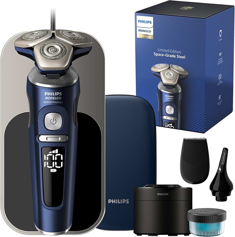 Philips Norelco Shaver Series 9000 Prestige, Wet and Dry Electric Shaver, Blue, Lift & Cut Shaving System, SkinIQ Technology, Precision Trimmer, Nose Trimmer, Qi Charging Pad, Cleaning Pod, SP9886/89