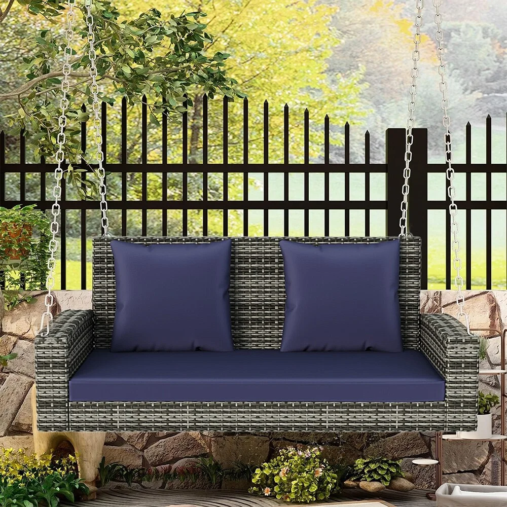 Outdoor Patio 2-Seat Wicker Porch Swing w/ Steel Chain, Cushions - 50