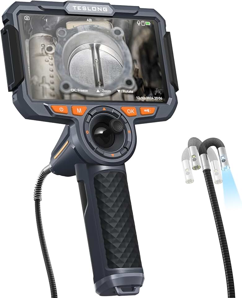 360 Articulating Borescope with 6” Monitor, Teslong Mechanics Inspection Camera with 4-Way Joystick Articulation, HD Steerable Endoscope Camera with Light, See in Wall Engine Hole Camera(0.24inch-5FT)
