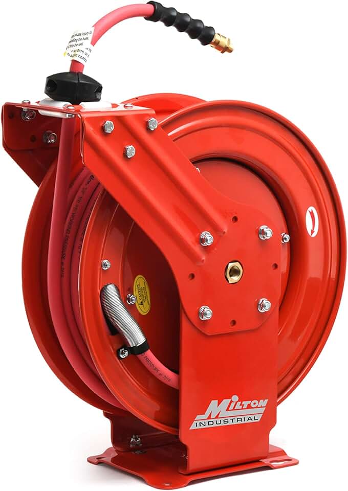 Milton Industrial Hose Reel 2790-50D, Auto Retractable, Chemical Resistant, Prevent Cracking, Flexible in Extreme Conditions, 1/2” Hose ID, 50 Foot Rubber Hose, 300 PSI Max Pressure, 1/2