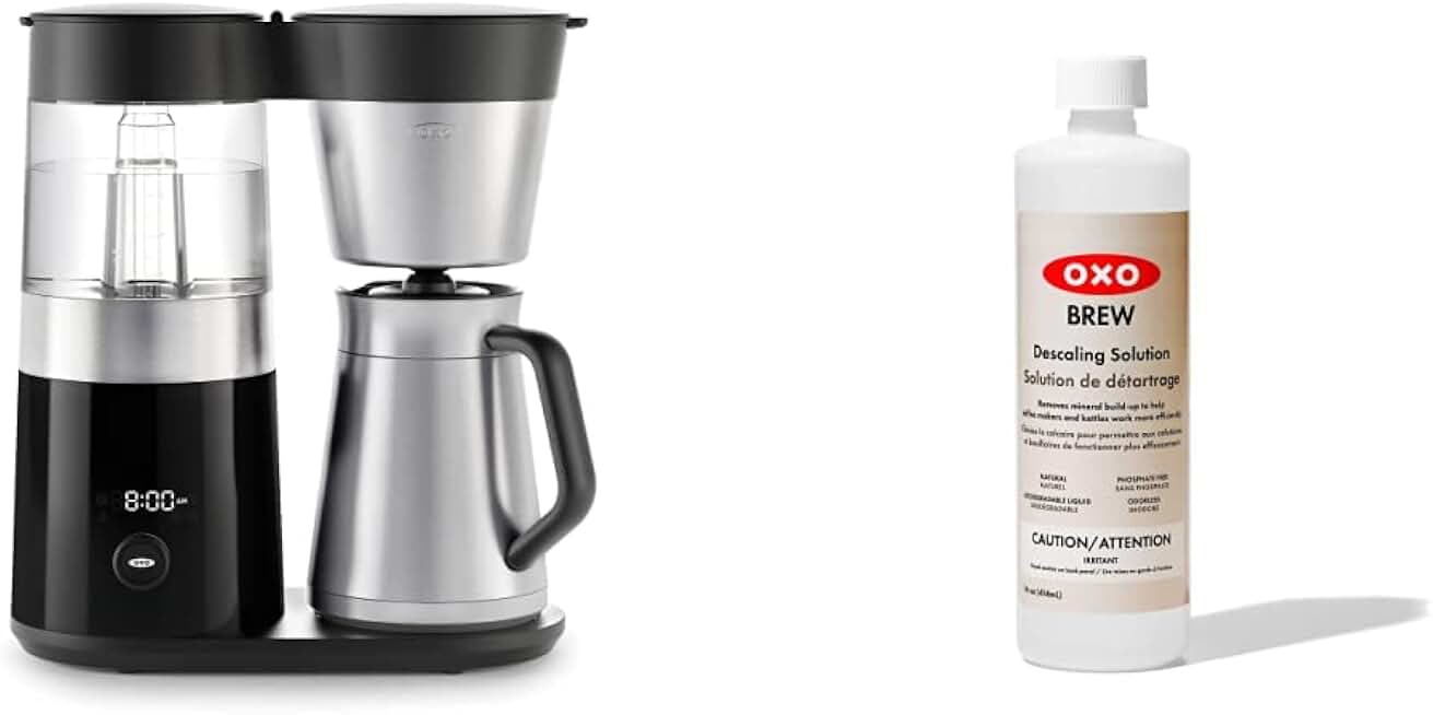 OXO Brew 9 Cup Stainless Steel Coffee Maker & BREW Descaling Solution - 14 Fluid Ounce Bottle