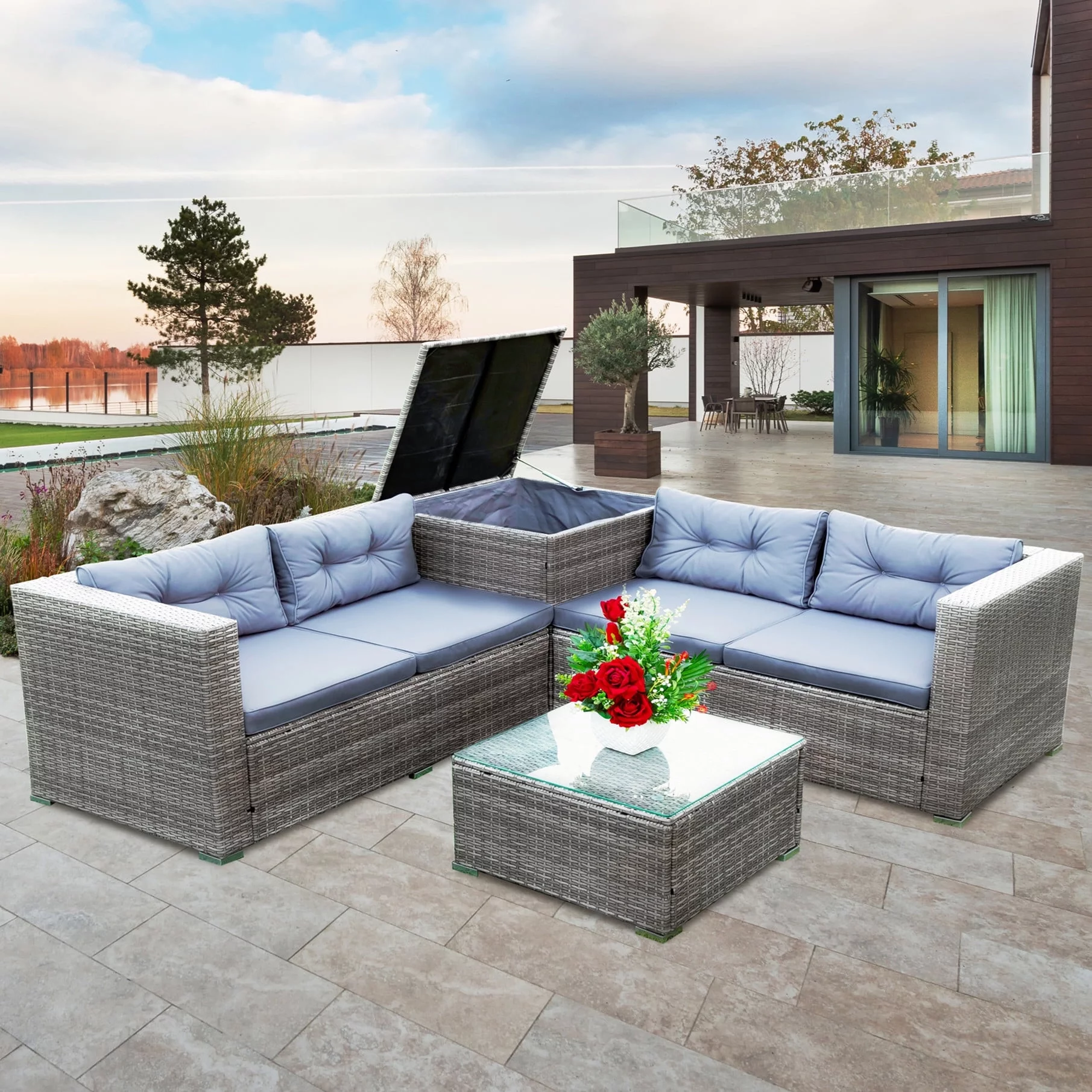 Patio Wicker Sectional Sofa Set, 4 Piece Outdoor Conversation Set with Storage Ottoman, All-Weather Wicker Patio Furniture with Gray Cushions and Table for Backyard, Porch, Garden, Poolside, L4533