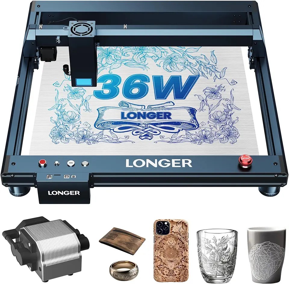 Longer Laser B1 Engraver, 36000mW Laser Cutter Engraving Machine with Air Assist, DIY Precisely Laser Engraving Machine, CNC Machine for Wood and Metal, Acrylic, Leather, etc.Laser Class II