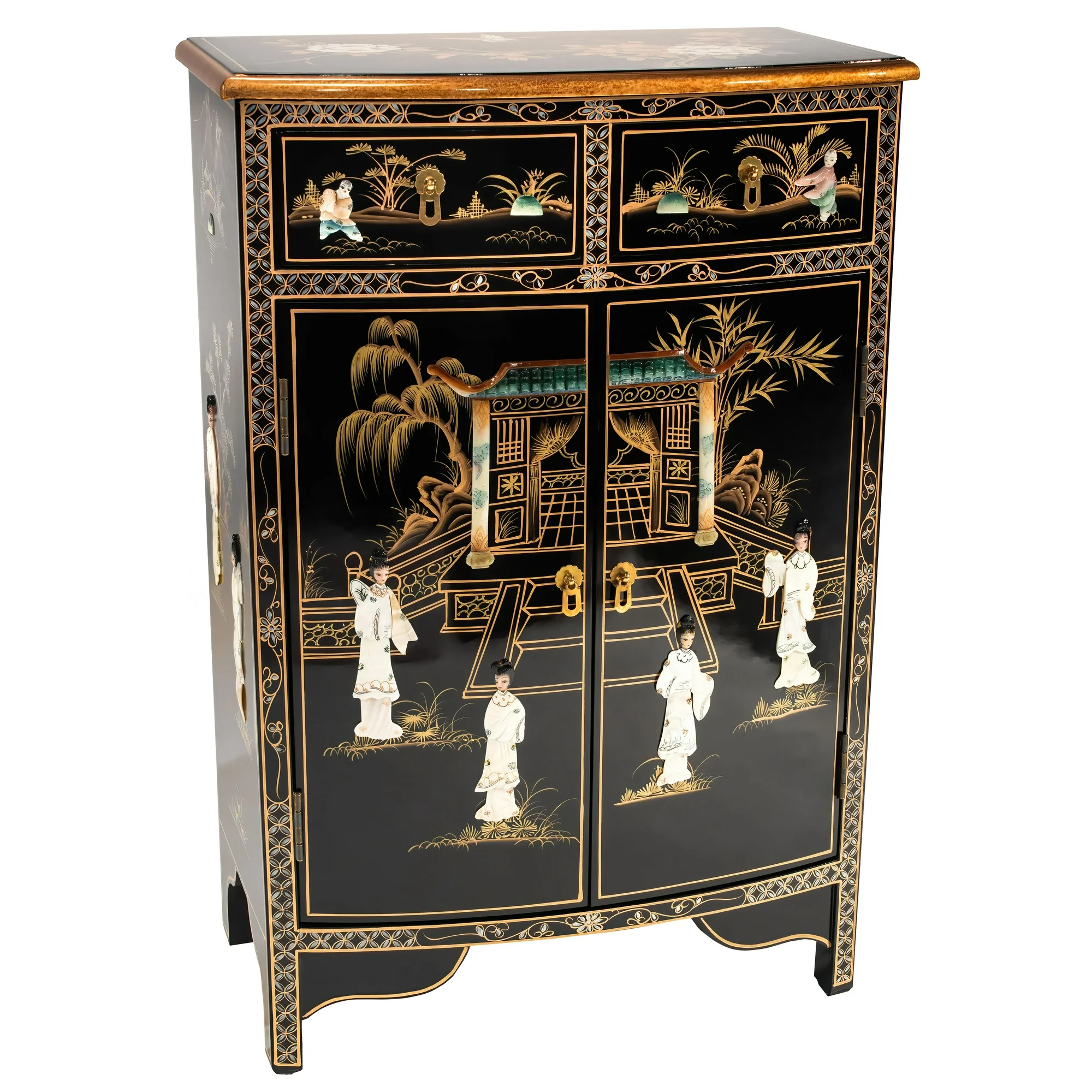 Oriental Furniture Black Lacquer Half-Round Cabinet - Royal Ladies