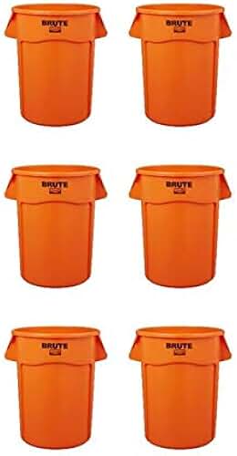 Commercial Products BRUTE Heavy Duty Round Trash Can/High Visibility Garbage Can, 32-Gallon, Orange, Wastebasket for Home/Garage/Mall/Office/Stadium/Bathroom, Pack of 6