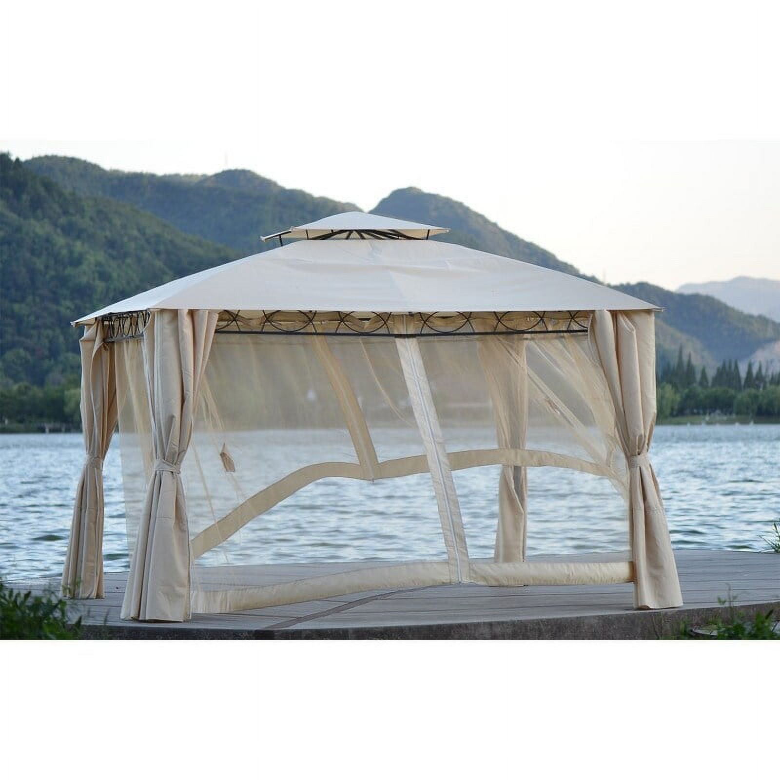 Outdoor Garden Patio Gazebo with 2-Tiered Canopy and Folding Curtains