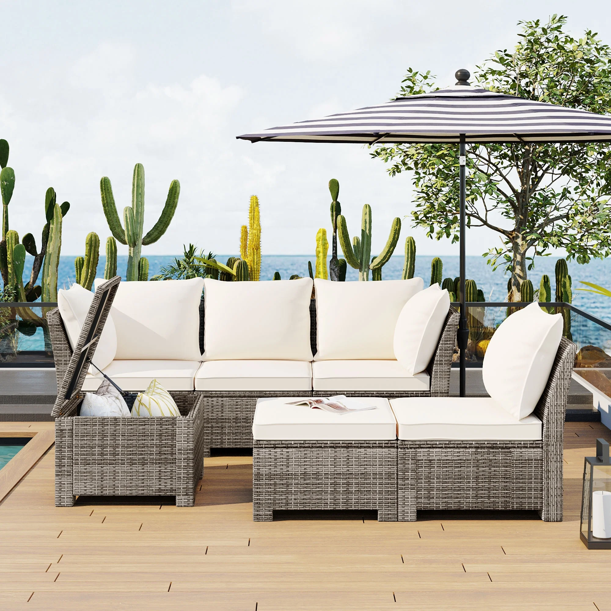 Outdoor Patio Furniture Sets, 6-Piece Patio Sectional Wicker Sofa with Cushions, Outdoor Modern Wicker Sofa w/Storage Box for Backyards, Gardens, Balconies, Poolside, Beige, S1753
