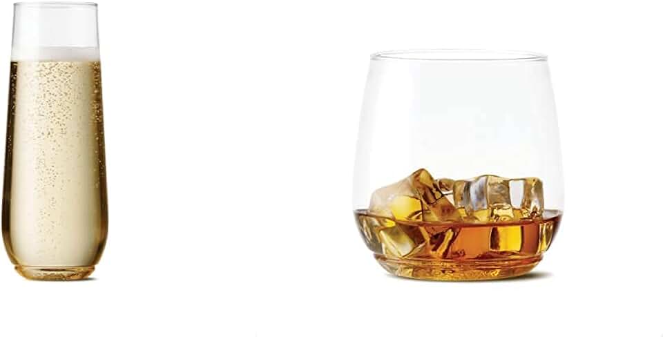 TOSSWARE POP 9oz Flute, Premium Quality, Recyclable, Unbreakable & Crystal Clear Plastic Champagne Glasses & POP 12oz Vino Jr Set of 48, Premium Quality, Recyclable, Cocktail, Whiskey Glasses