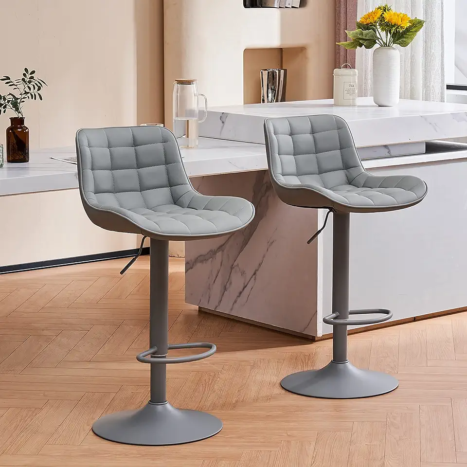 YOUTASTE Grey Bar Stools Set of 2 Counter Height Bar Stool PU Leather Upholstered Metal Barstools Modern Adjustable Swivel High Back Bar Chairs Home Kitchen Island