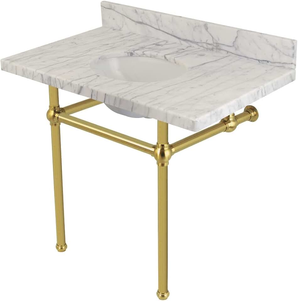 Fauceture KVPB3630MB7 Templeton Carrara Marble Bathroom Console Vanity with Brass Pedestal, Carrara Marble/Brushed Brass