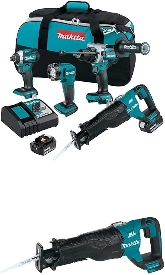 Makita XT453T 18V LXT® Lithium-Ion Brushless Cordless 4-Pc. Combo Kit (5.0Ah) with Makita XRJ05Z 18V LXT Lithium-Ion Brushless Cordless Recipro Saw, Tool Only