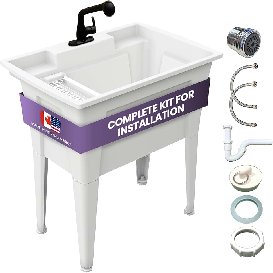 Utility Sink with One-Handle Matte Black Plastic Faucet – 32” Utility Sinks for Laundry Room, Garage, Garden, Basement – Noah William Home Indoor and Outdoor Polypropylene Basement Wash Tub (White)