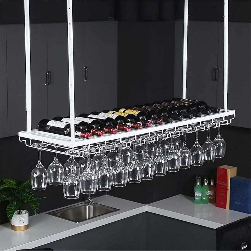 Wine rackWine Rack Wine Rack Ceiling Wine Glass Holder Hanging Iron Wine Holder Baking Paint Process Adjustable Bottle Rack Upside Down Stemware Rack Simple Wall Shelf Storage Rack