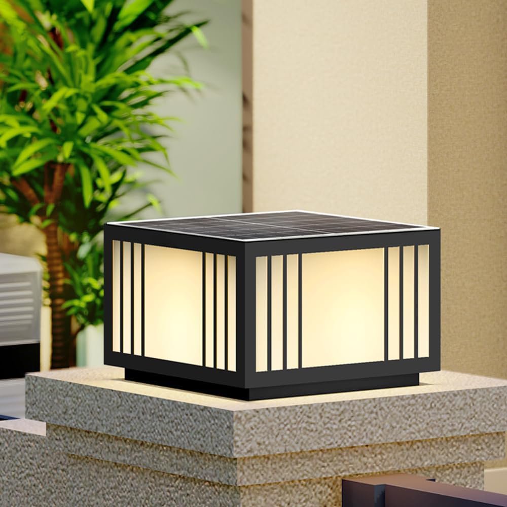 Outdoor Post Caps Lights Solar Powered LED Column Caps Lamps Black Square Exterior Post Lantern Waterproof Fence Deck Lamp Post Light Fixture Solar Energy Lawn Yard Pool Landscape Path Lights